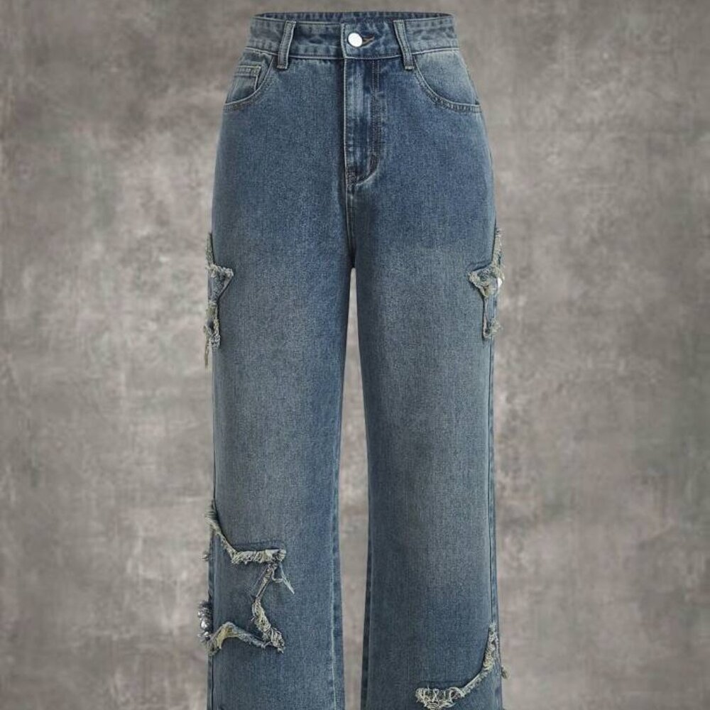 Romwe Grunge Punk Star Pattern Straight Leg Jean - Medium Wash